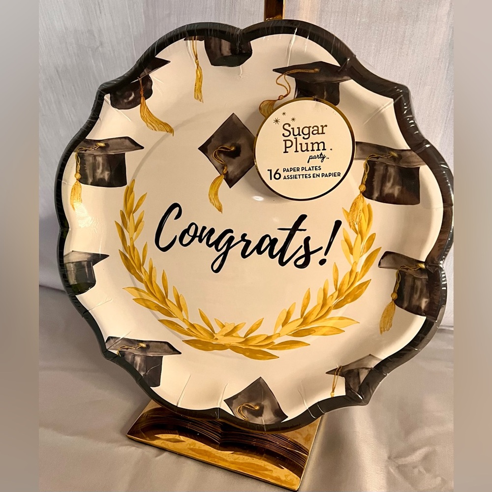 New Sugar Plum Congrats! Gold Laurel Graduation Paper Plates (16 Count)